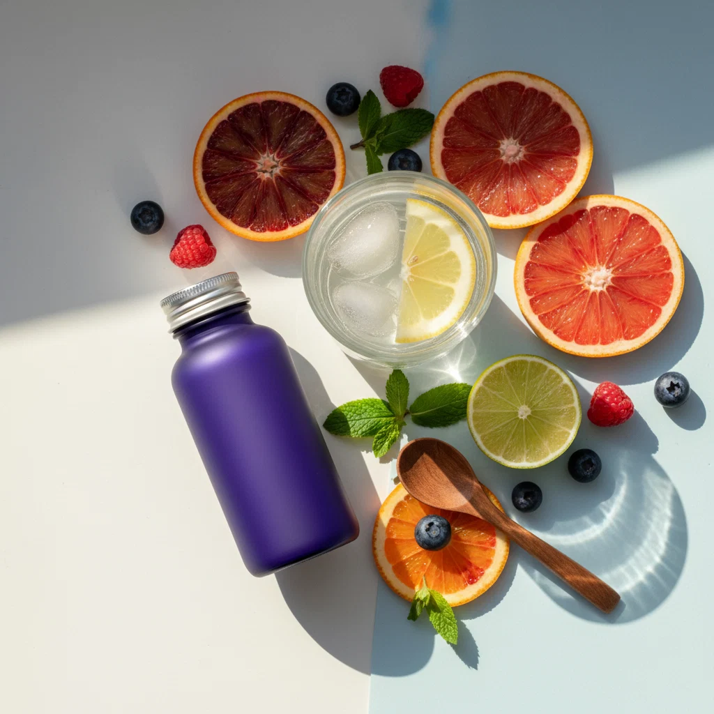 Ozalyn supplement fles naast glas water en fruit - dagelijks supplement actieve leefstijl